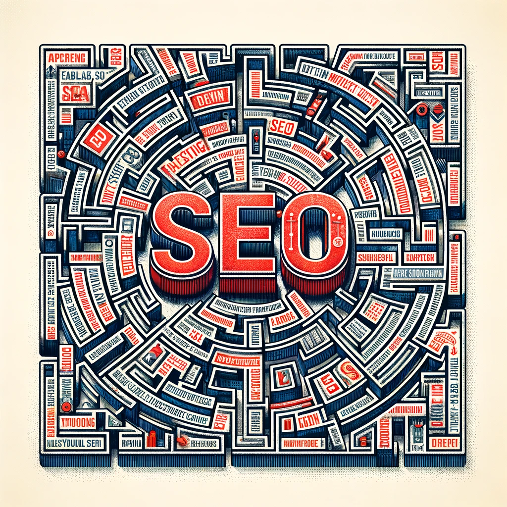 Labirinto di parole SEO con 'SEO' al centro evidenziato in rosso, simboleggiando l'importanza del SEO nel marketing digitale.
