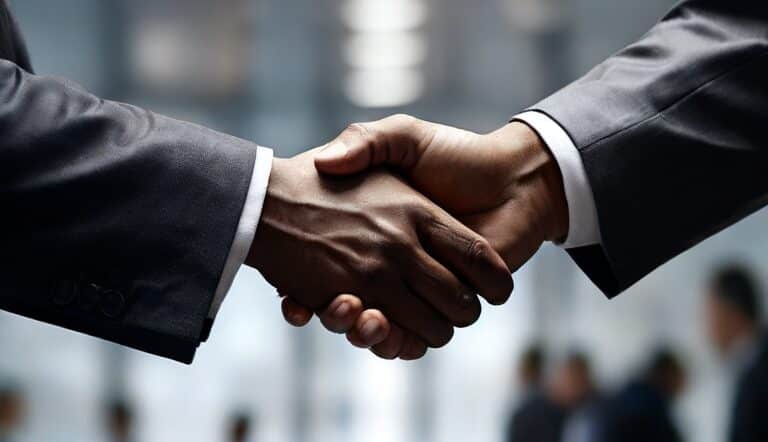 "An image featuring two hands in a firm handshake, symbolizing a business agreement, set against the backdrop of a large, high-tech screen displaying an SEO analysis graph. The graph indicates the progress and success achievable through SEO consultancy. The focus is on the synergy between professional collaboration and advanced SEO tactics, emphasizing the significant benefits such as increased web traffic, improved search rankings, and enhanced online visibility for businesses."