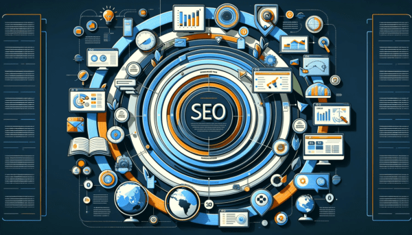 "Infografica in formato 16:9 sul tema della SEO per imprenditori digitali, mostrando una lente d'ingrandimento centrale con grafico in crescita, mobile, lampadina, ingranaggi, schermo di computer, checklist, bolla di chat e mappa mondiale, in uno sfondo moderno e professionale."