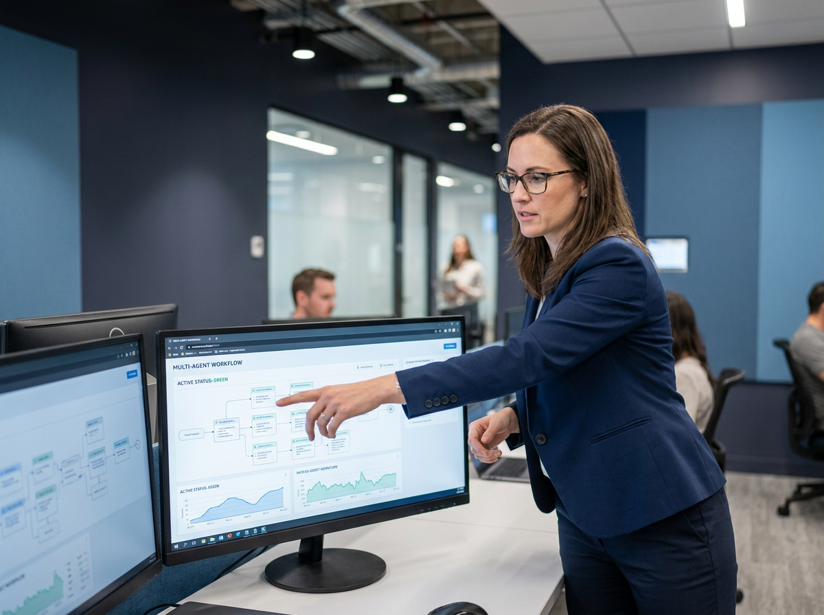 consulente tecnica che progetta architettura multi-agent AI su monitor con dashboard operative