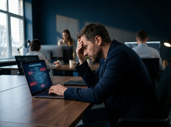 architetture multi-agent AI - imprenditore frustrato davanti a errori di sistema AI in produzione
