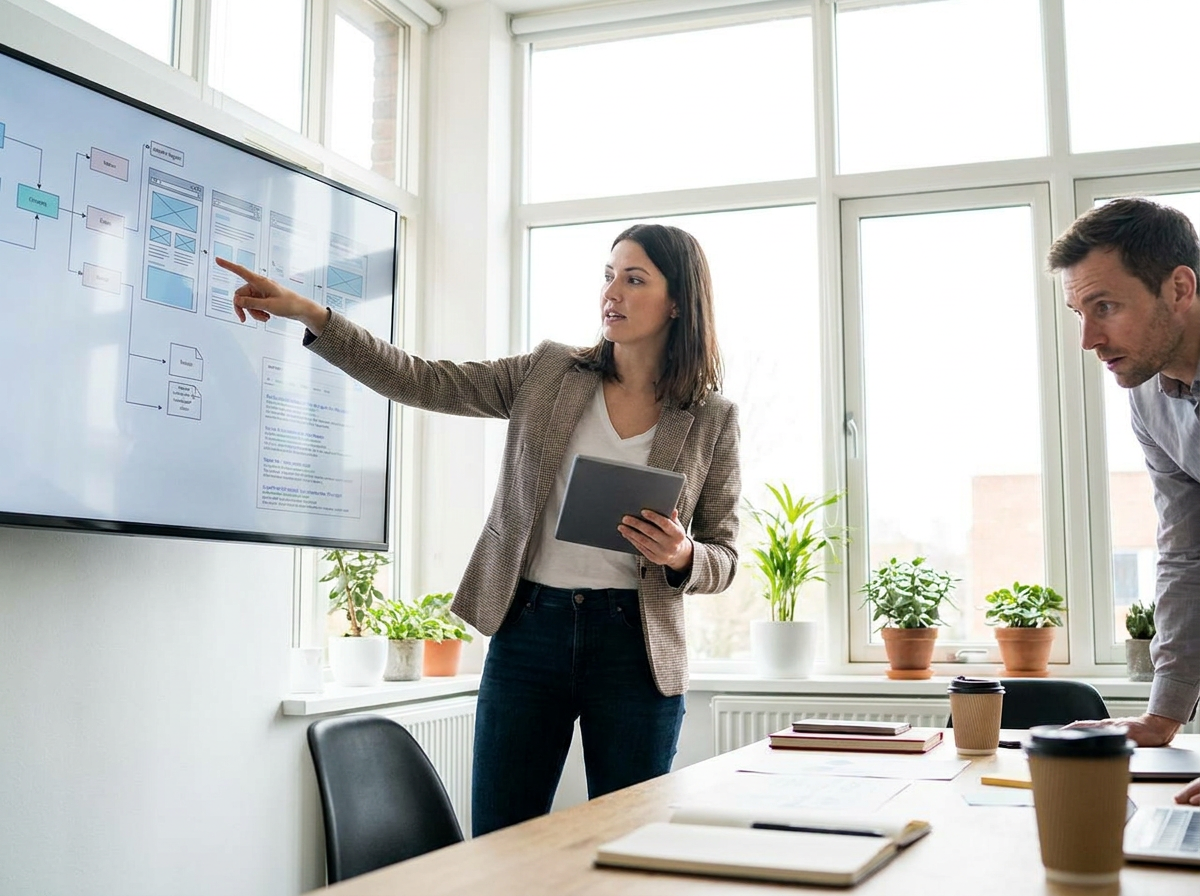 consulente SEO che spiega strategia di contenuto per Google AI Mode su monitor