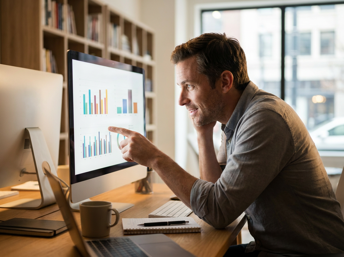 Consulente SEO che analizza il nuovo report AI di Google Search Console su monitor con grafico impression e dati visibilità