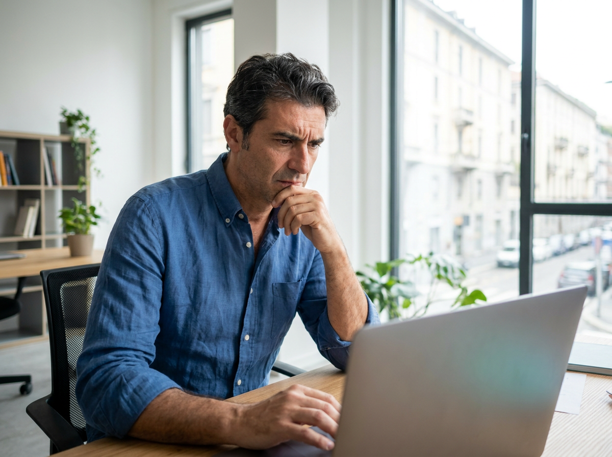 Imprenditore italiano che analizza dati Google Search Console AI report sul laptop con espressione concentrata