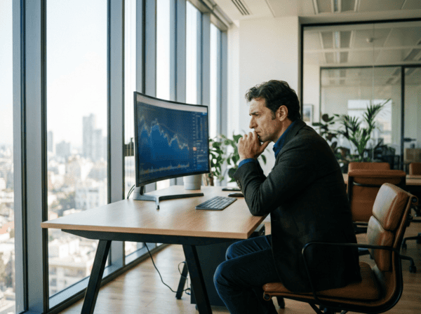 Imprenditore preoccupato che guarda i dati di traffico referral da ChatGPT su un monitor in ufficio