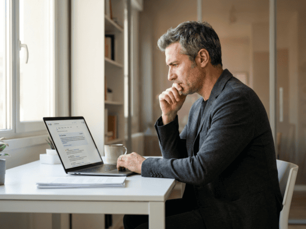 Imprenditore italiano consulta Google AI Overviews con Preferred Sources sul laptop — Google Preferred Sources 2026