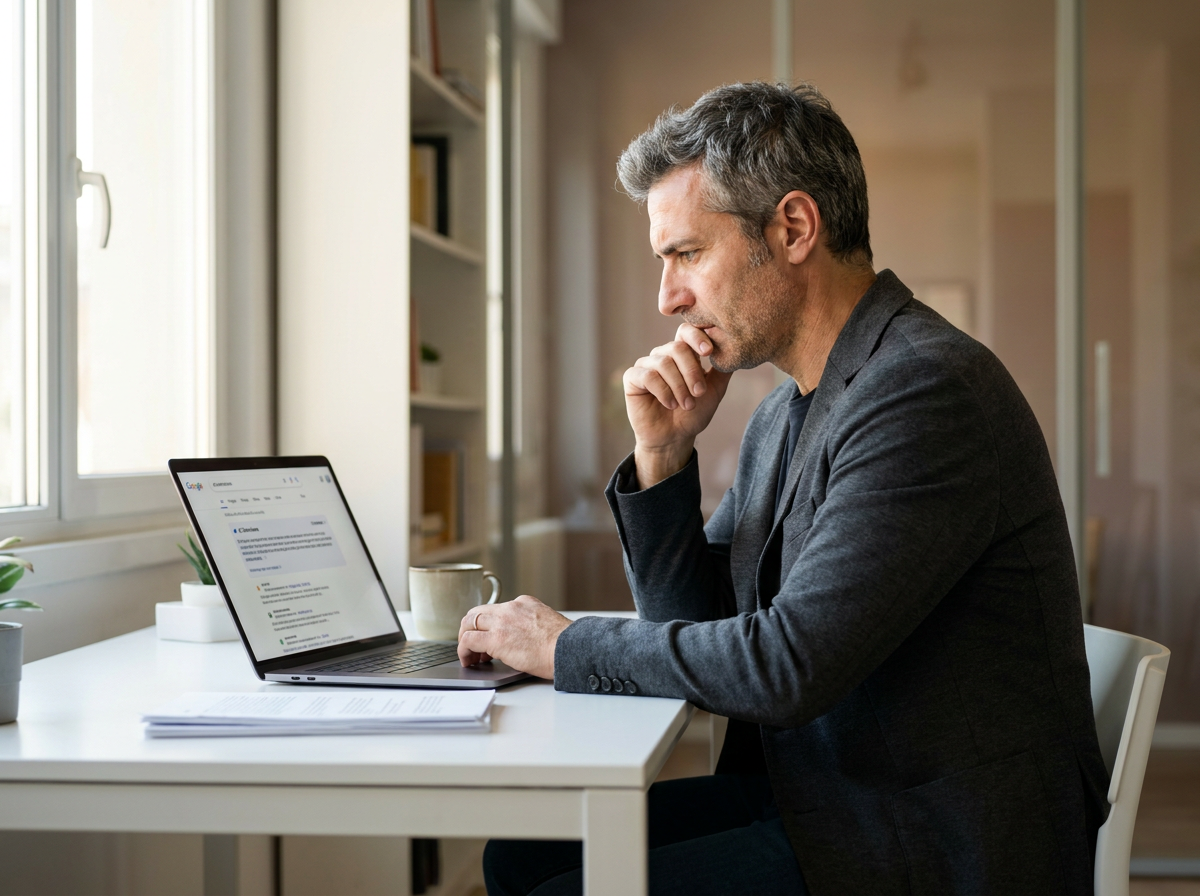 Imprenditore italiano consulta Google AI Overviews con Preferred Sources sul laptop — Google Preferred Sources 2026