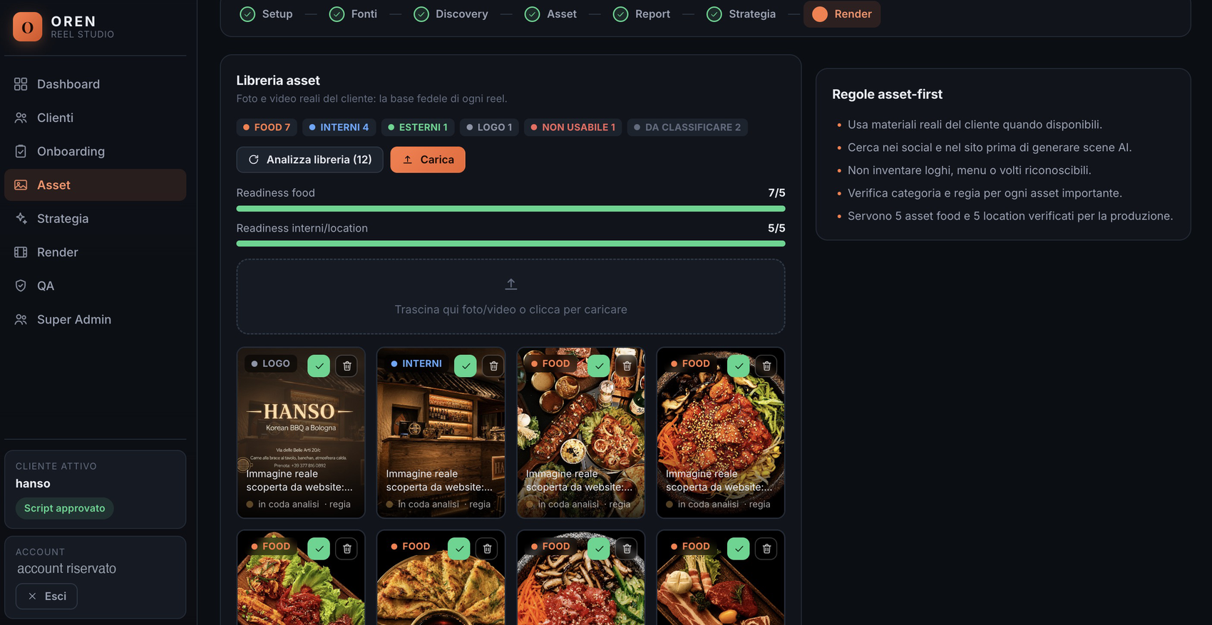 Pagina di gestione asset di OREN