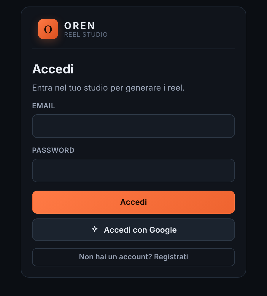 Schermata di accesso dell app OREN Reel Studio