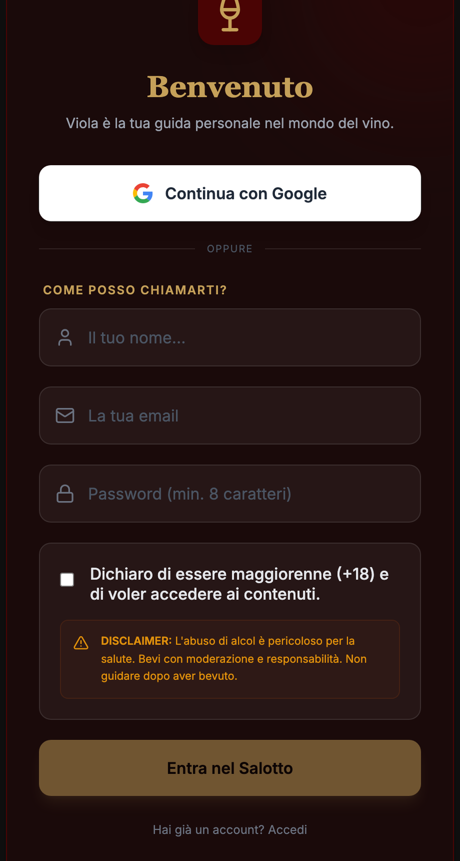Schermata di accesso dell app Viola di Vino