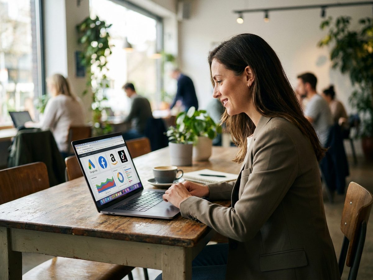 Imprenditrice confronta piattaforme pubblicitarie AI nel 2026 su laptop in co-working