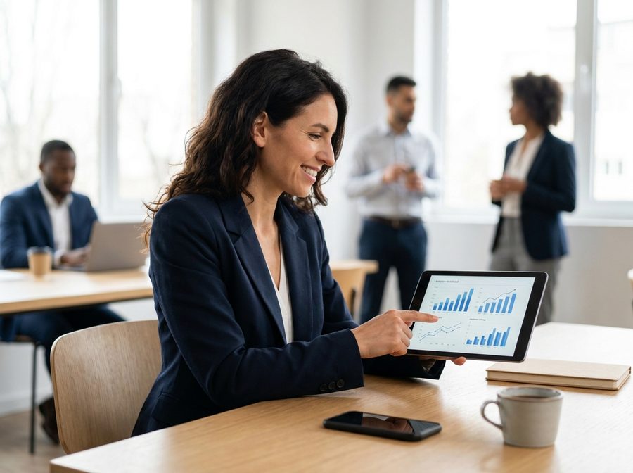 Imprenditrice italiana che analizza strategia SEO e visibilit&agrave; AI Mode con Personal Intelligence su tablet