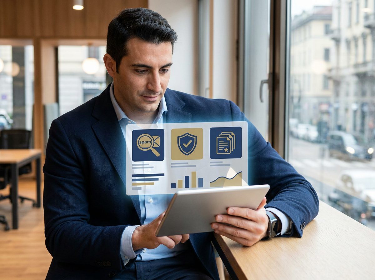 Imprenditore verifica la qualità del sito web per proteggersi dallo spam update Google 2026