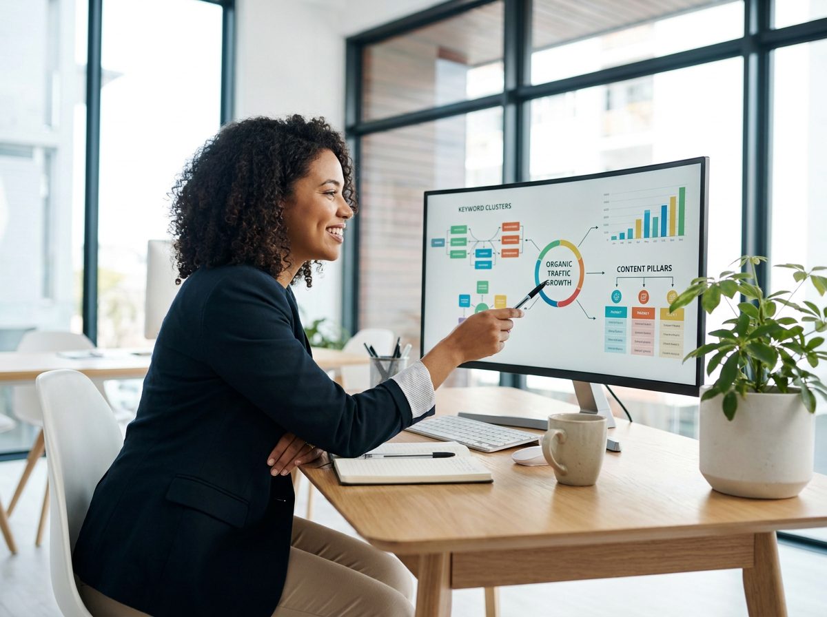 Consulente SEO donna indica monitor con strategia di contenuto e analytics per adattarsi alle AI Overviews espansione automatica Google 2026