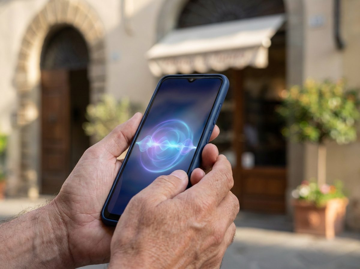 Mani che tengono uno smartphone con interfaccia Gemini AI, sullo sfondo una piccola attività commerciale italiana