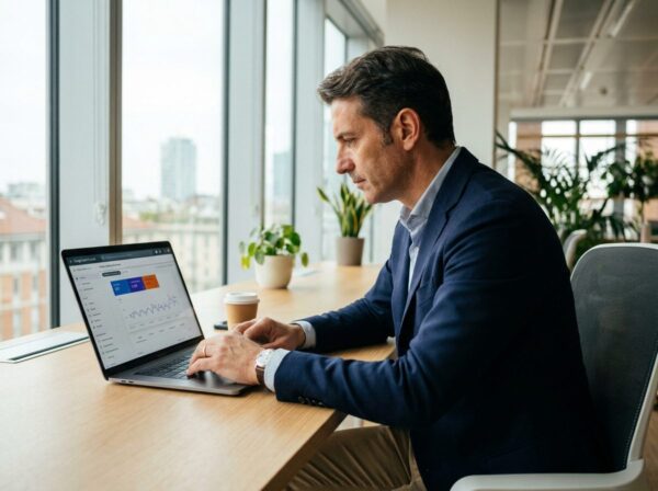 Imprenditore italiano analizza Google Search Console Platform Properties su laptop in ufficio moderno